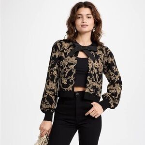 Alice and Olivia Gold Embroidered Puff Sleeve Cardigan